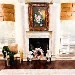 living room water color with valances and fireplace
