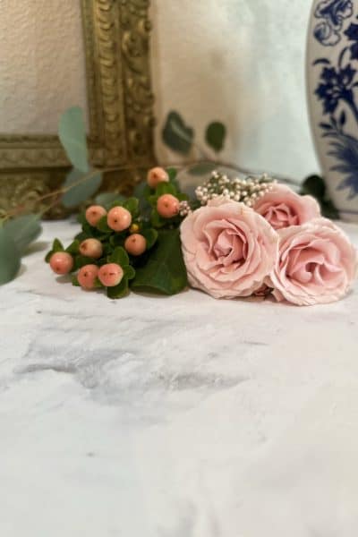 faux marble surface with pink roses