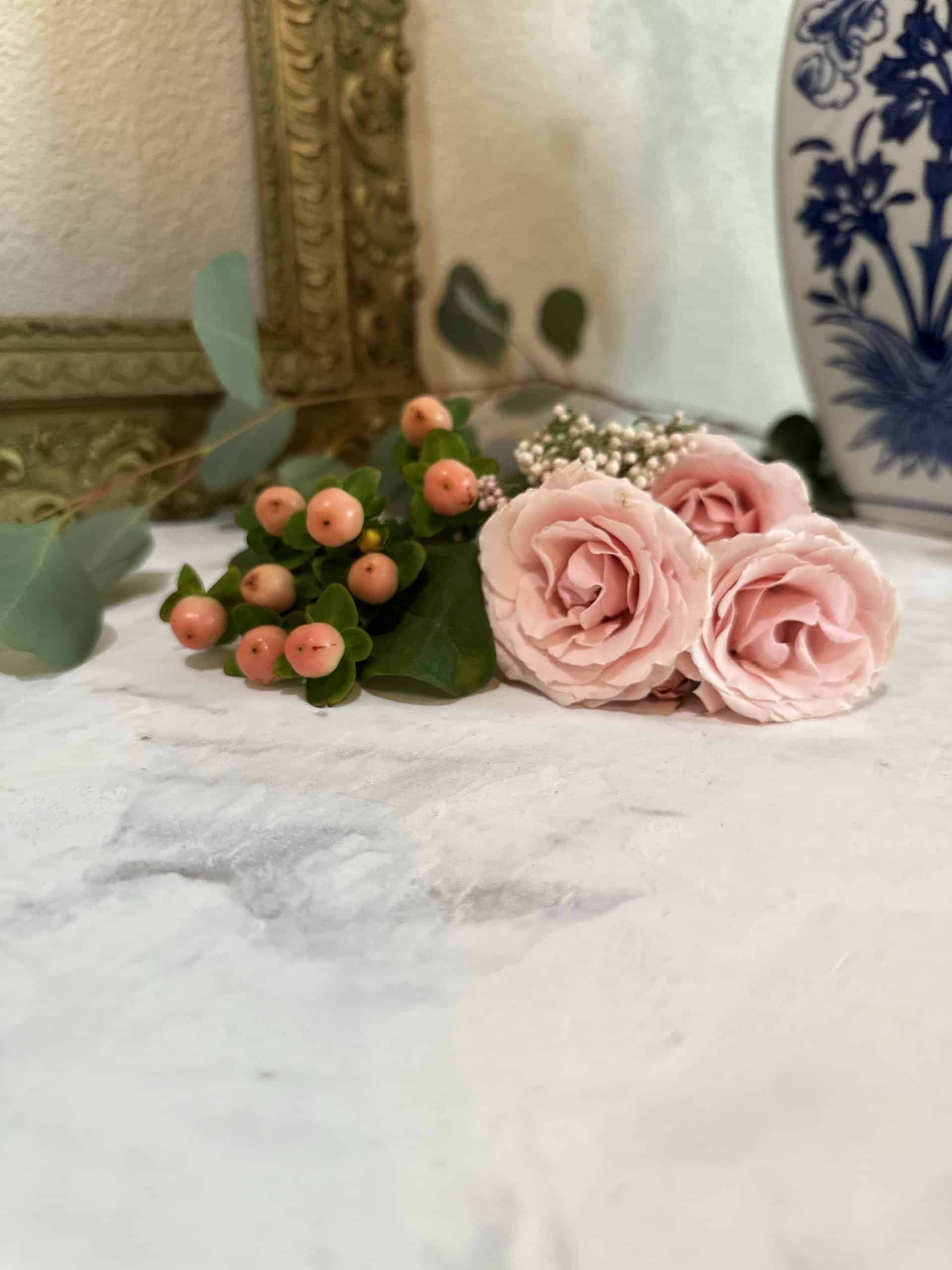 faux marble surface with pink roses