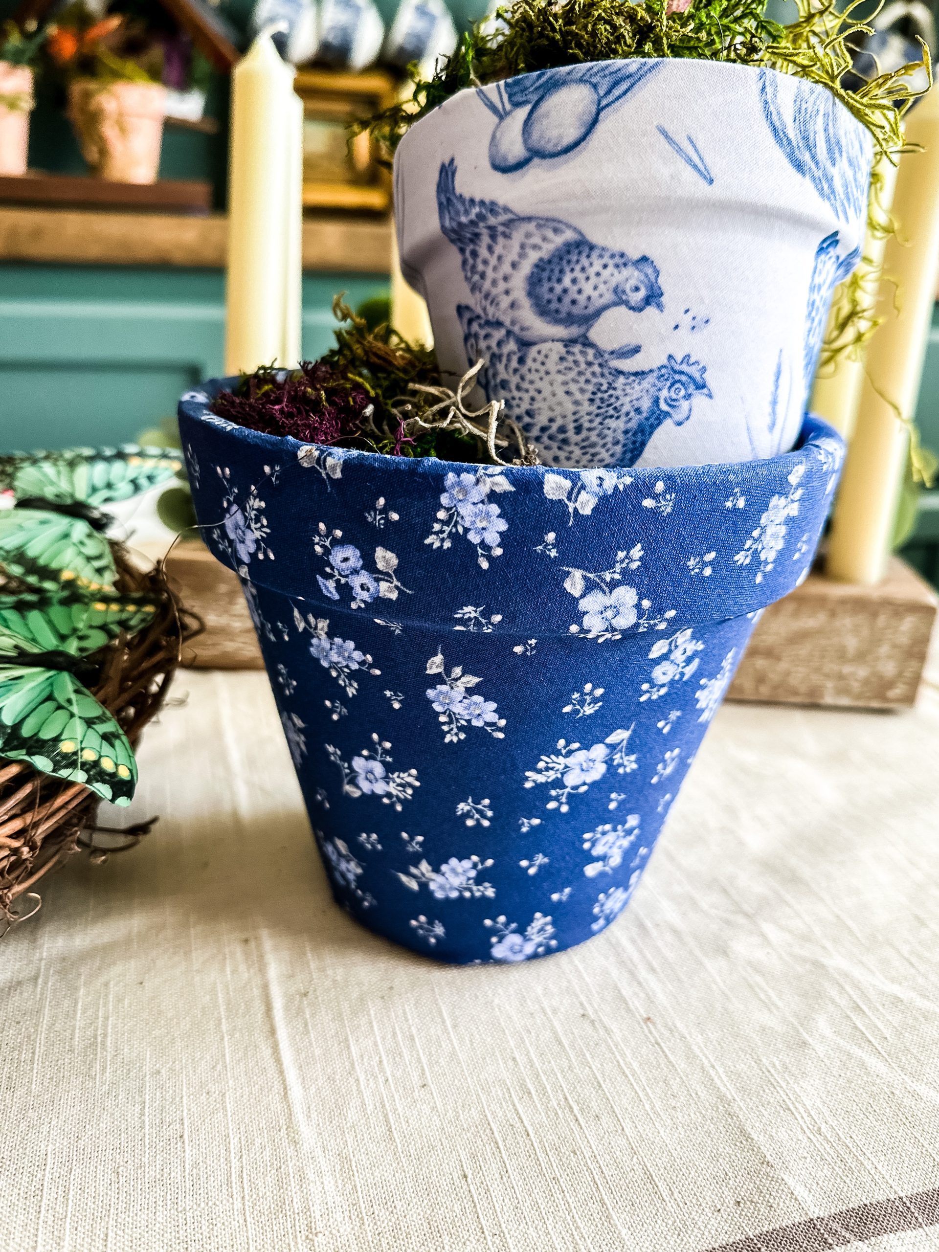 upcycled terra cotta pots covered in fabric