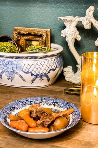 My delicious Beef Bourguignon instant pot recipe served in a blue and white dish.