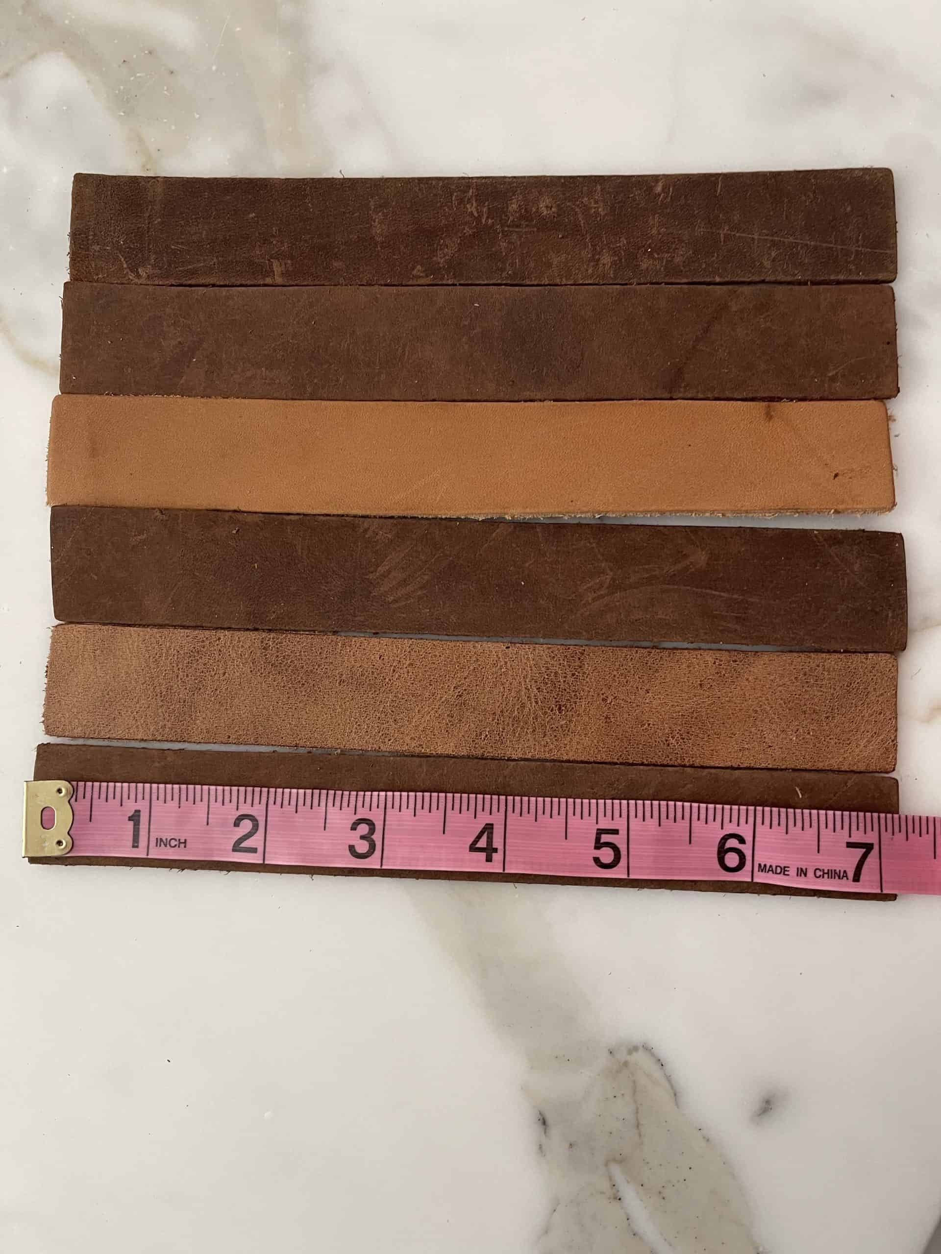lether strips cut showing 7 inches on a measuring tape